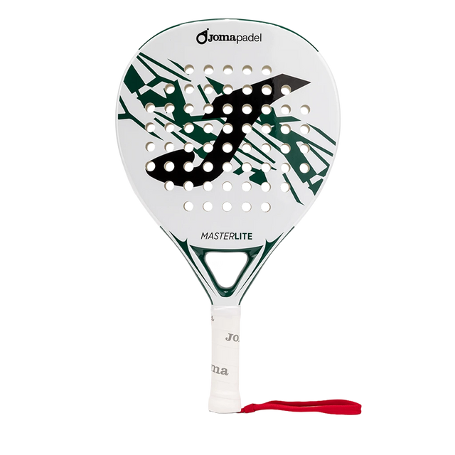 Joma Master 2026 padelracket in wit met donkergroen, vooraanzicht met rode polsband