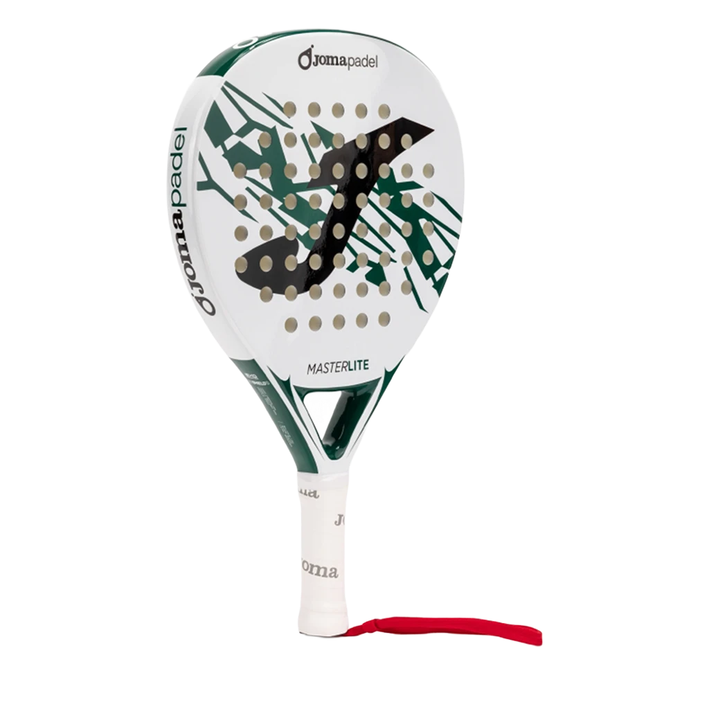 Joma Master 2026 padelracket schuin vooraanzicht, rondvorm in wit en groen