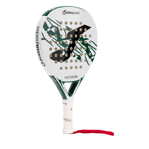 Joma Master 2026 padelracket schuin vooraanzicht, rondvorm in wit en groen