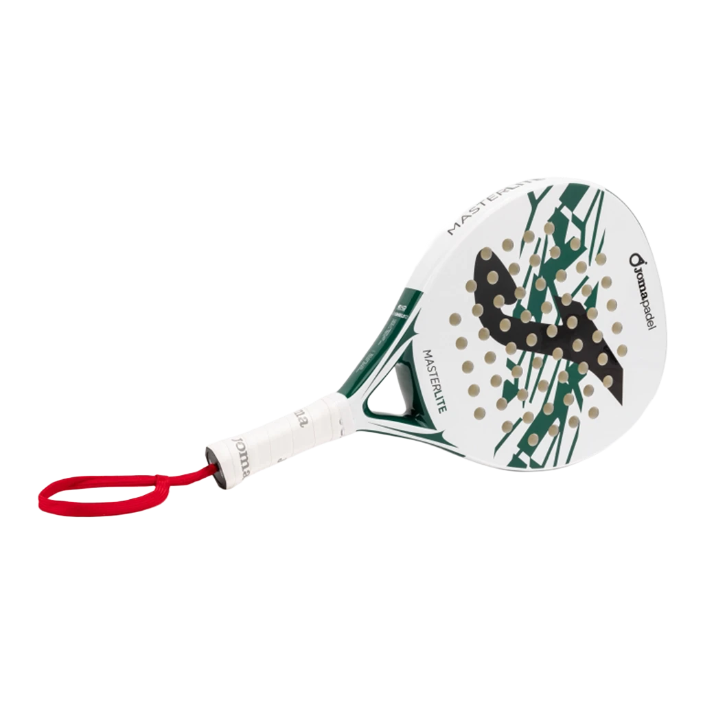 Joma Master 2026 padelracket schuin liggend in wit met groen bladdessin
