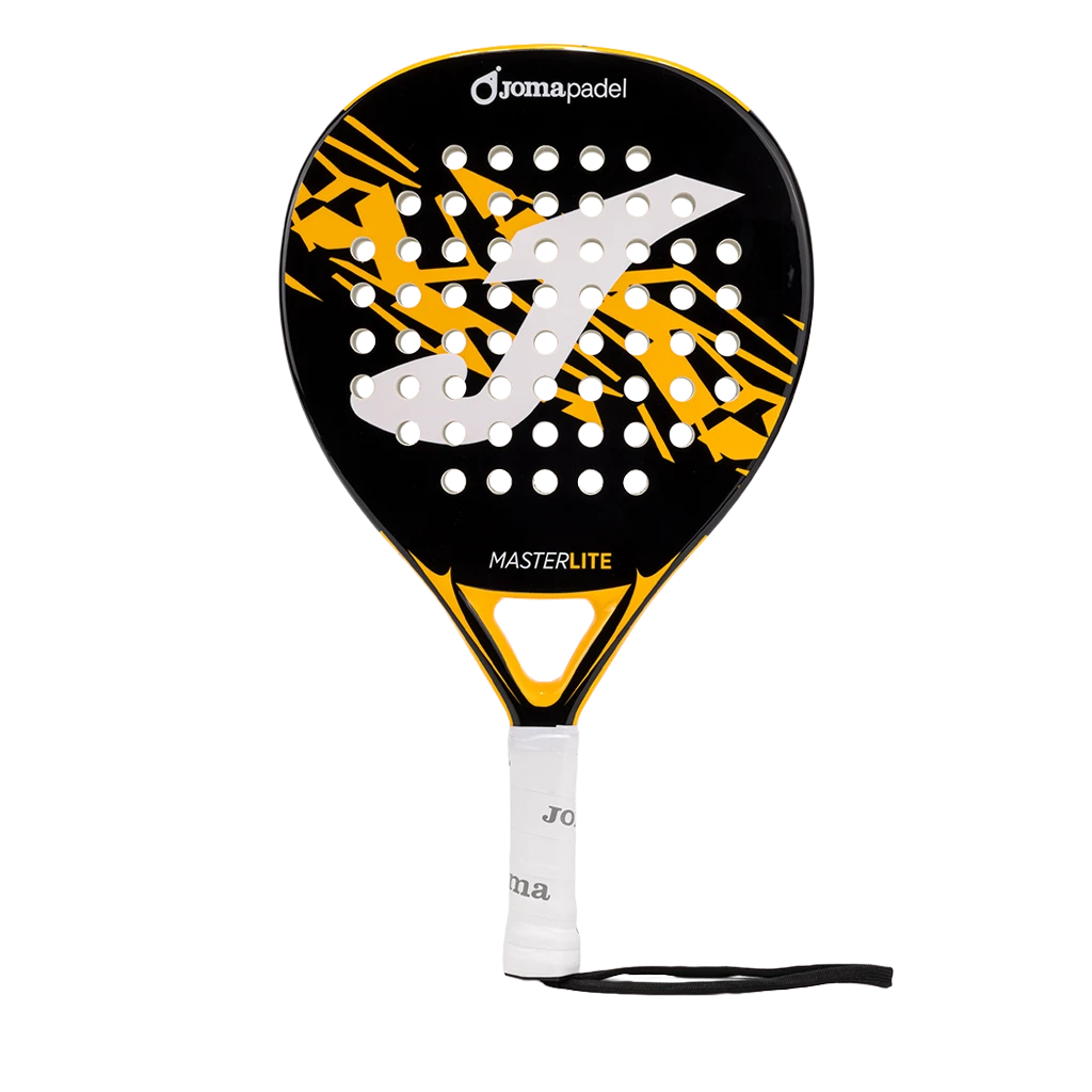 Joma Master 2026 padelracket in zwart met geel, vooraanzicht met witte grip