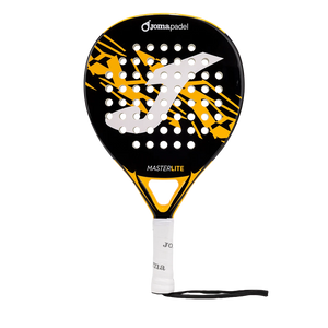 Joma Master 2026 padelracket in zwart met geel, vooraanzicht met witte grip