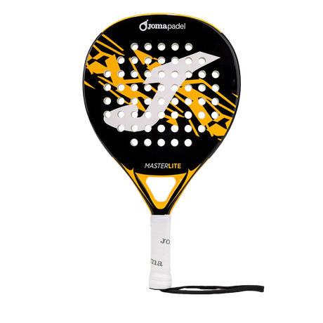 Joma Master 2026 padelracket in zwart met geel, vooraanzicht met witte grip