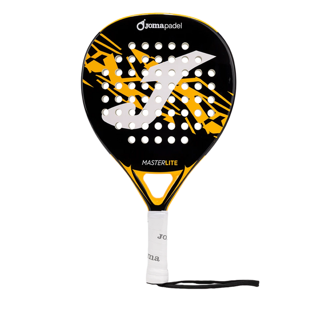 Joma Master 2026 padelracket in zwart met geel, vooraanzicht met witte grip