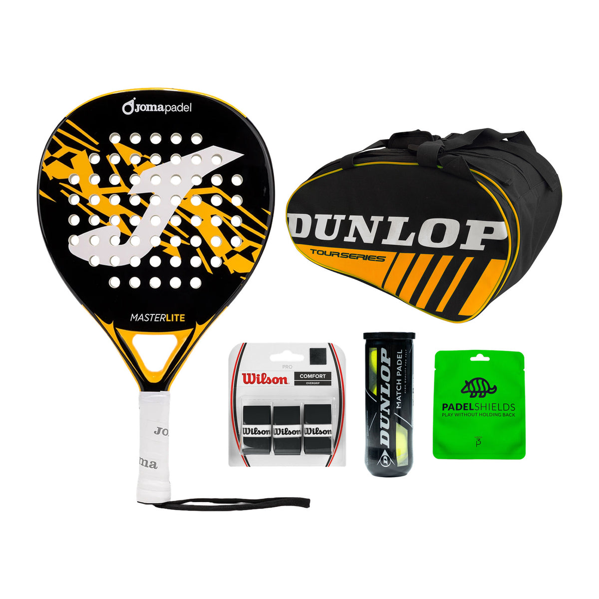 Joma Master Black Complete Beginner Bundle: Joma Master 2026 Black padelracket, Dunlop Racketbag Intro Black/Orange, Dunlop Match padelballen, Wilson Pro Overgrips en Padel Shields