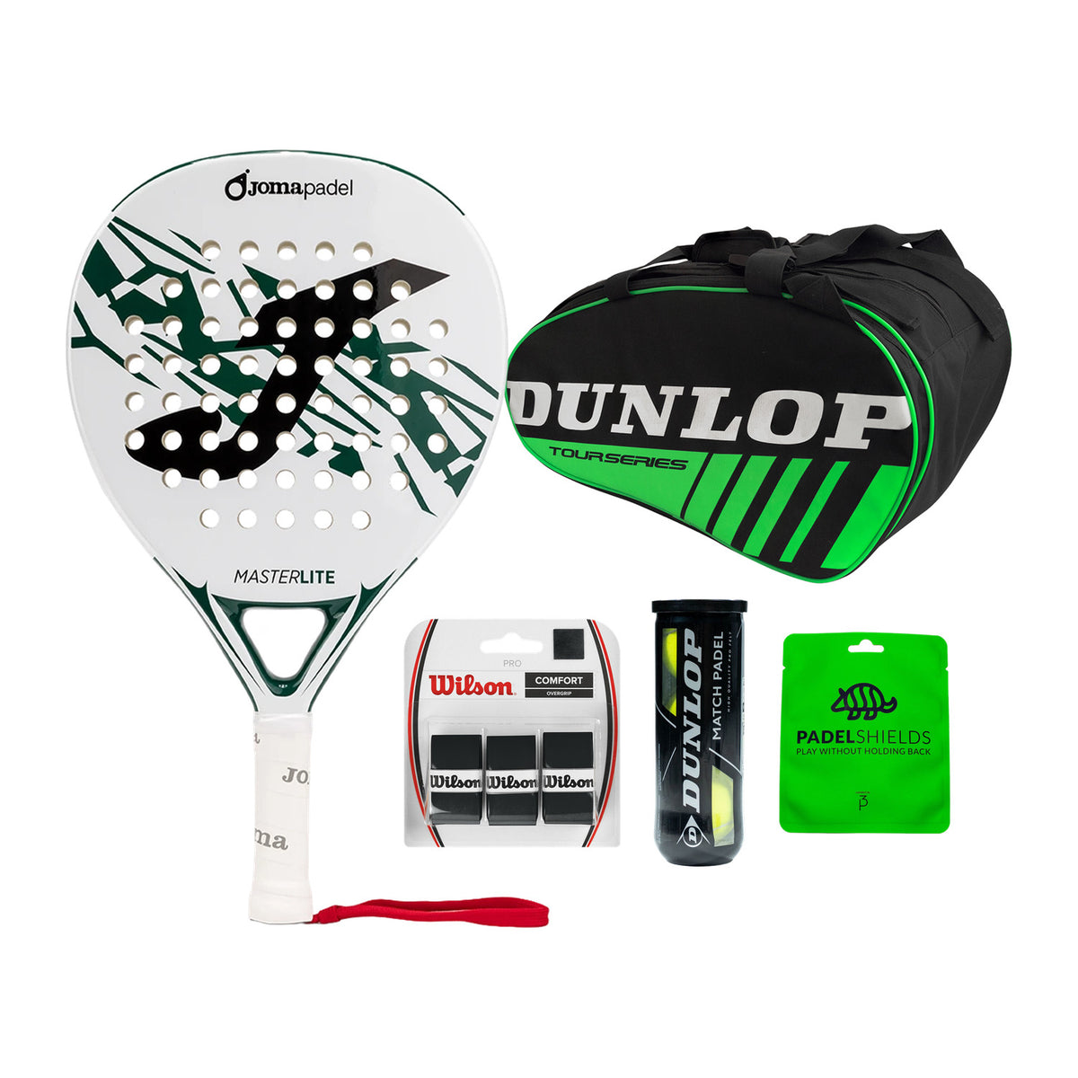 Joma Master White Complete Beginner Bundle: Joma Master 2026 White padelracket, Dunlop Racketbag Intro Black/Green, Dunlop Match padelballen, Wilson Pro Overgrips en Padel Shields