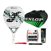 Joma Master White Complete Beginner Bundle: Joma Master 2026 White padelracket, Dunlop Racketbag Intro Black/Green, Dunlop Match padelballen, Wilson Pro Overgrips en Justpadel Protector