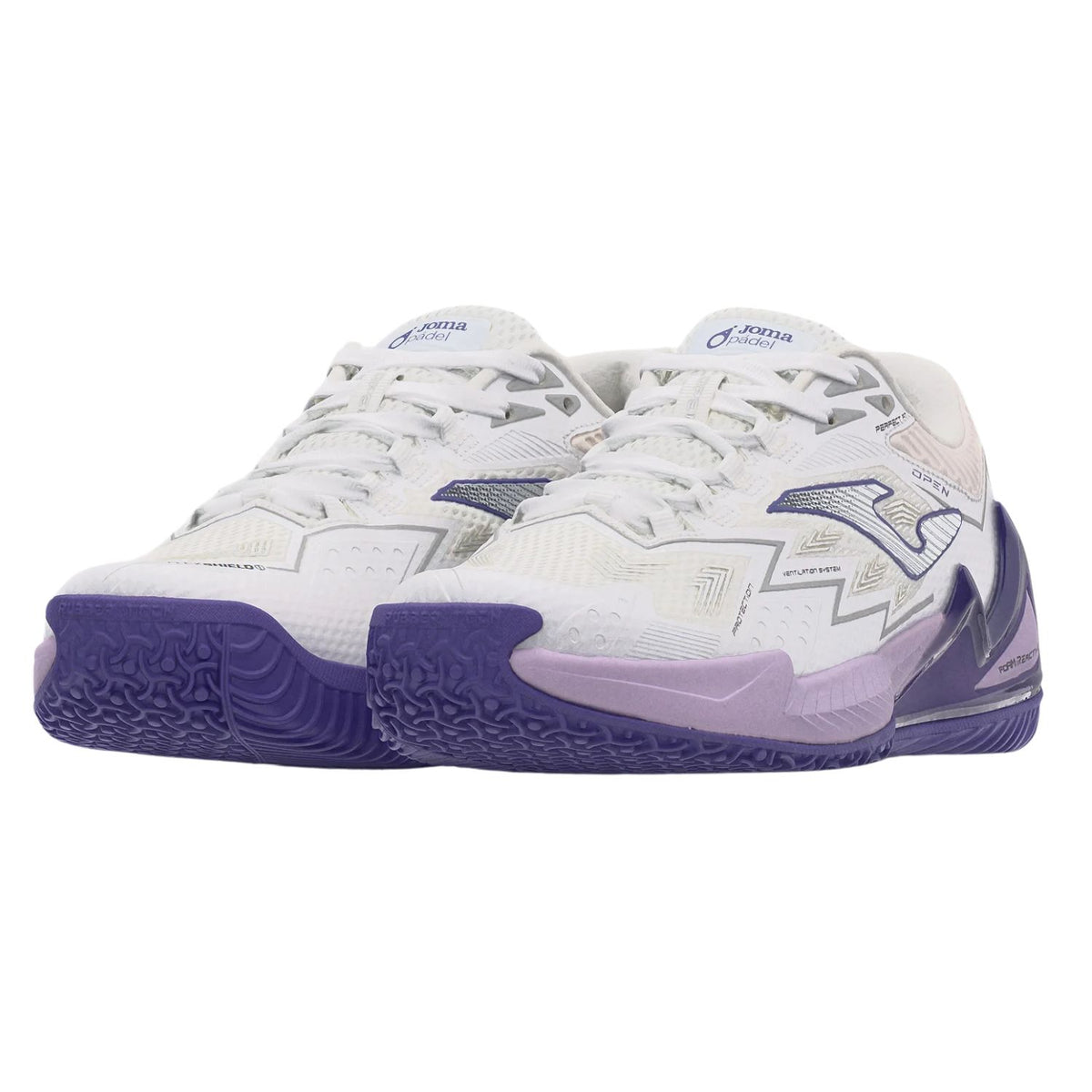 Paar Joma Open Lady 2026 damespadelschoenen in wit met paarse zool