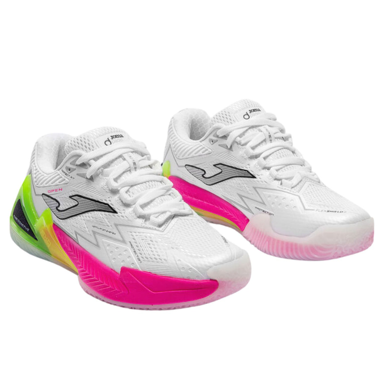 Paar Joma Open Lady 2026 damespadelschoenen in wit met roze en groen