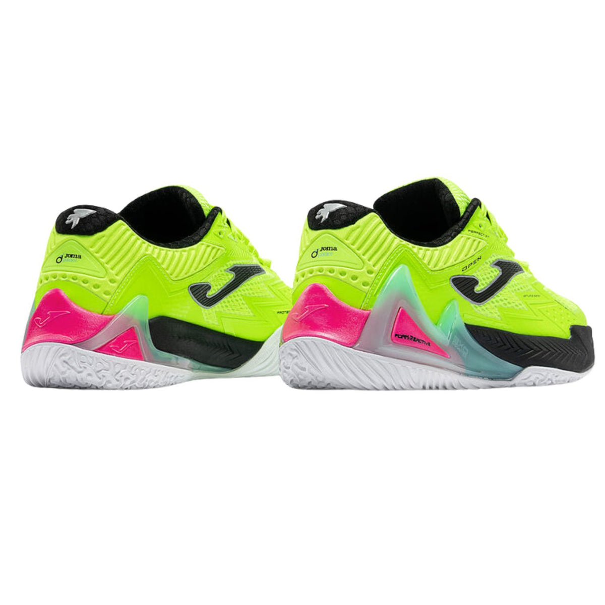 Achterkant van twee Joma Open Men 2026 schoenen in neongeel met roze hiel