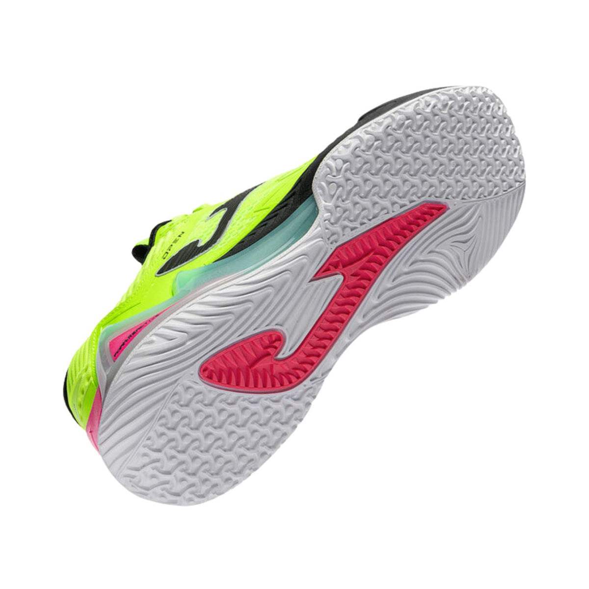 Witte zool van de neongele Joma Open Men 2026 met roze en groen profiel