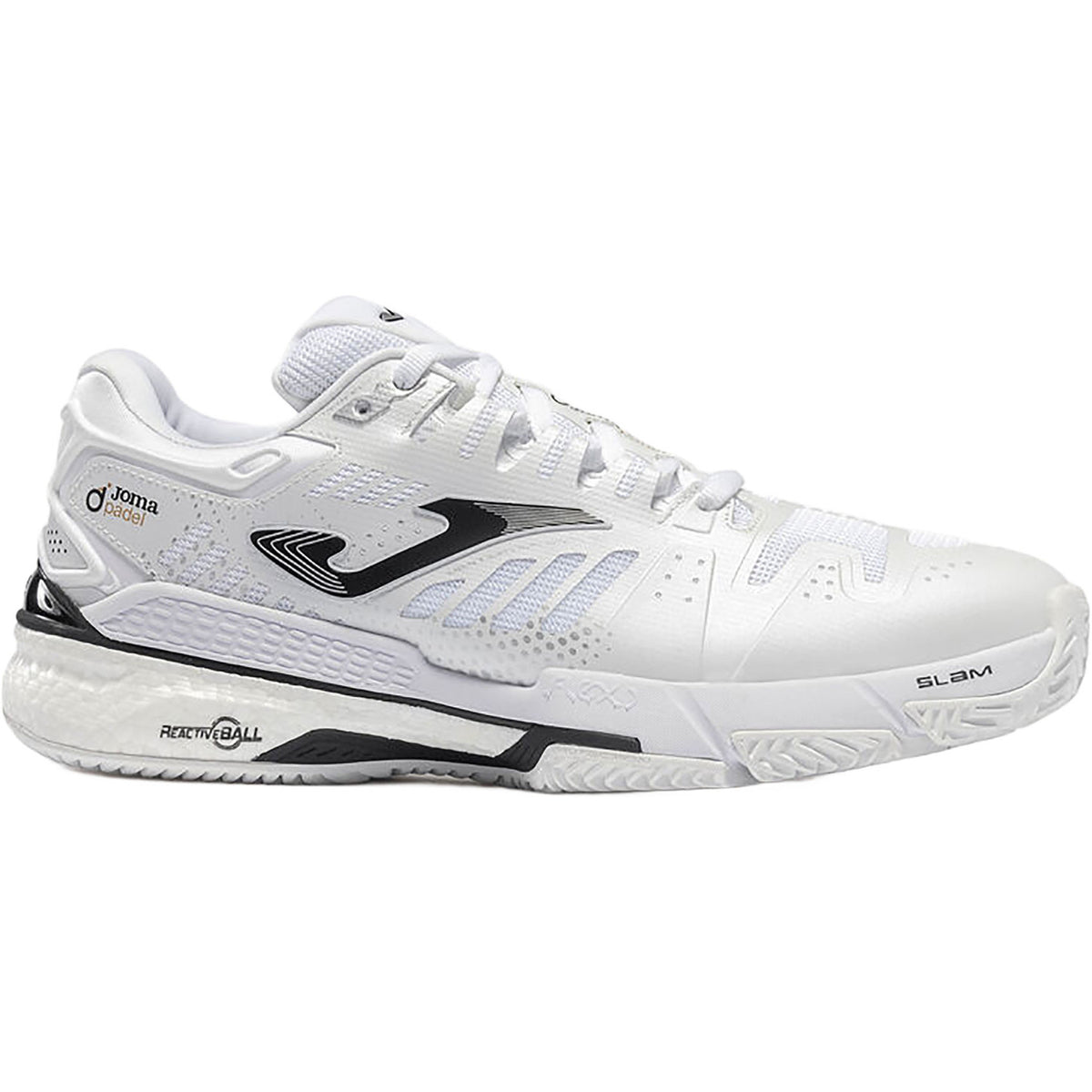 Joma Slam Classic padelschoen in wit met zwarte details, zijaanzicht buitenkant