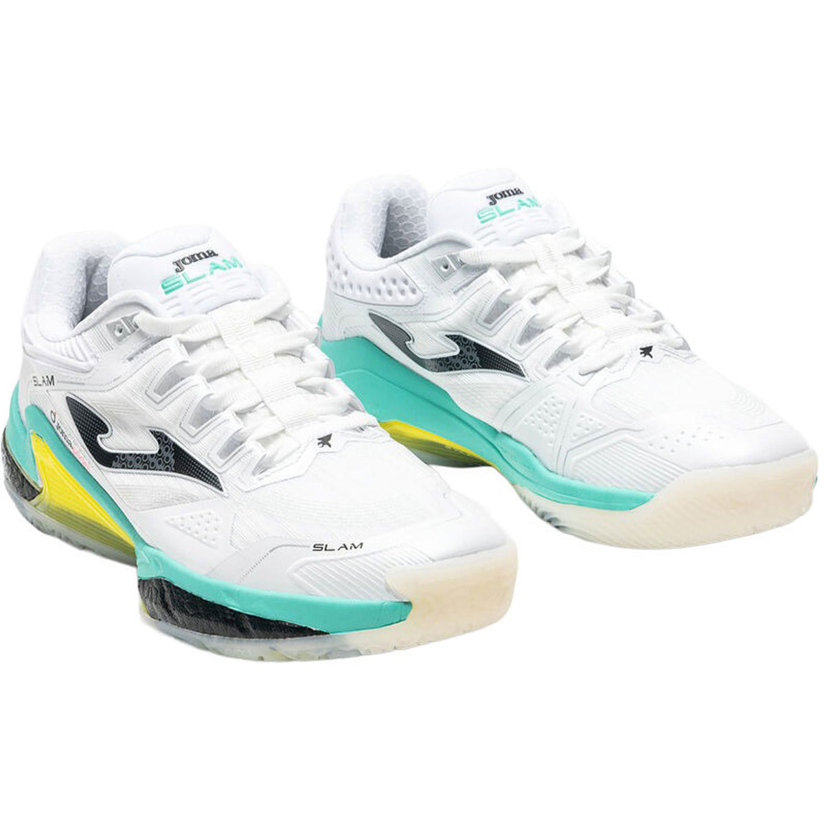 Paar Joma Slam Men 2026 padelschoenen in wit met turquoise, schuin vooraanzicht