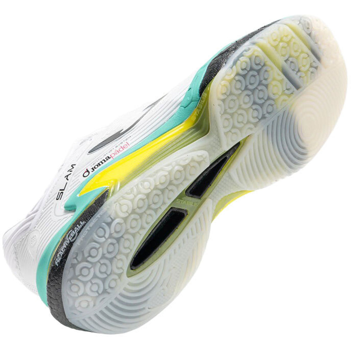 Witte zool van de Joma Slam Men 2026 met turquoise en gele accenten