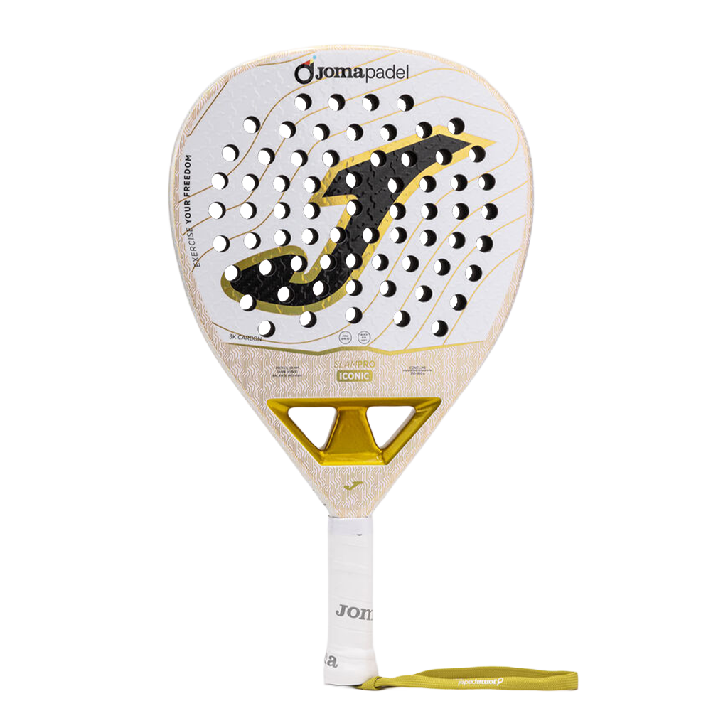 Joma Slam Pro Iconic 2026 padelracket in wit met goud, vooraanzicht met polsband