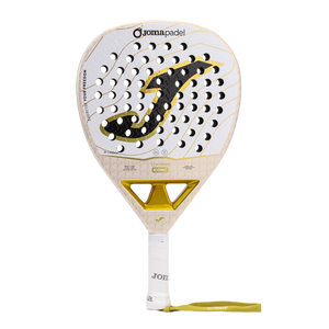 Joma Slam Pro Iconic 2026 padelracket in wit met goud, vooraanzicht met polsband
