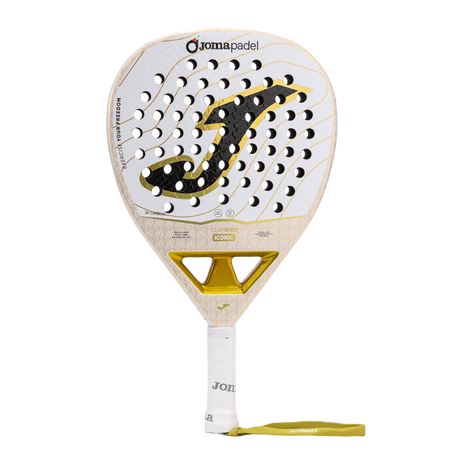 Joma Slam Pro Iconic 2026 padelracket in wit met goud, vooraanzicht met polsband