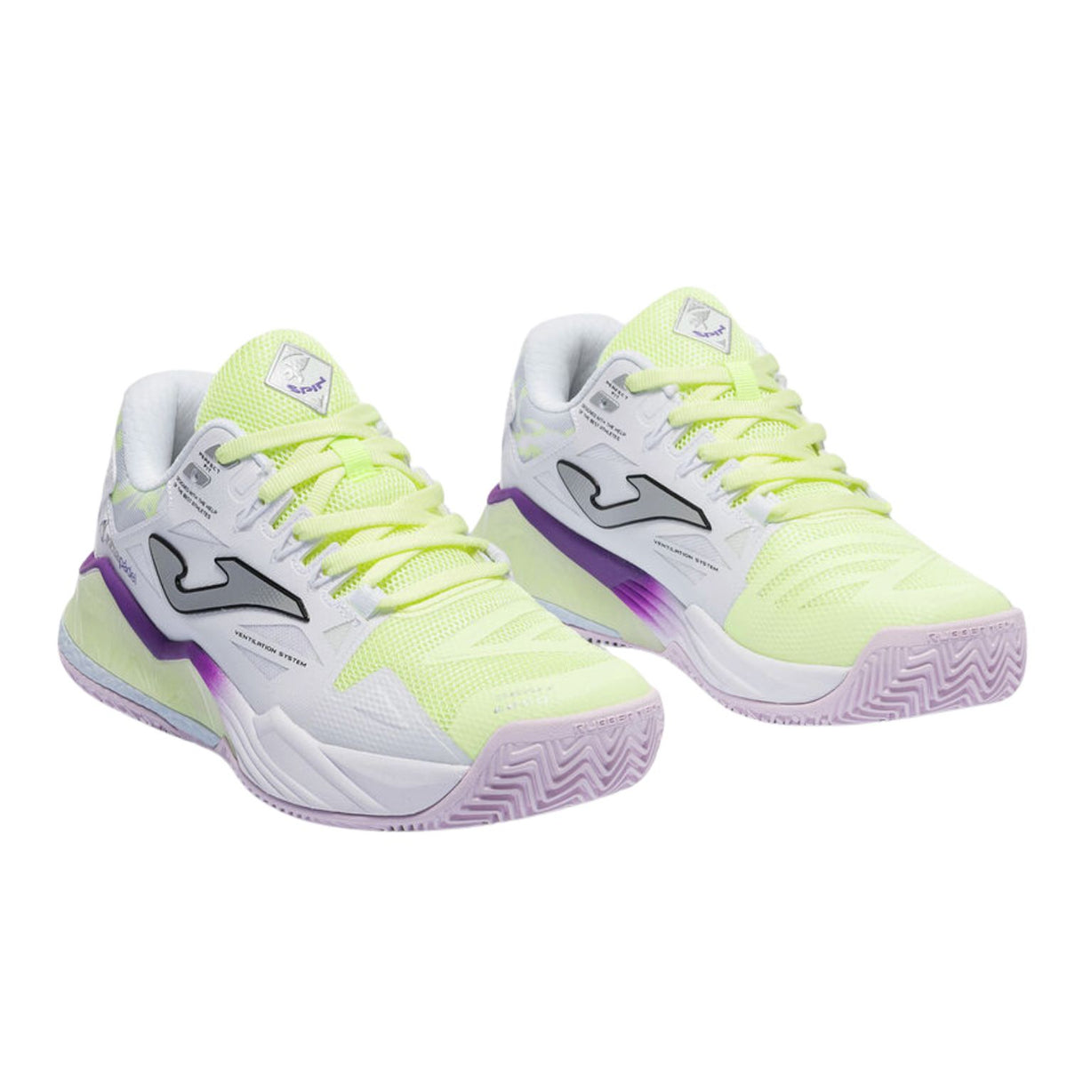 Paar Joma Spin Lady 2026 damespadelschoenen in lichtgeel met lila zool