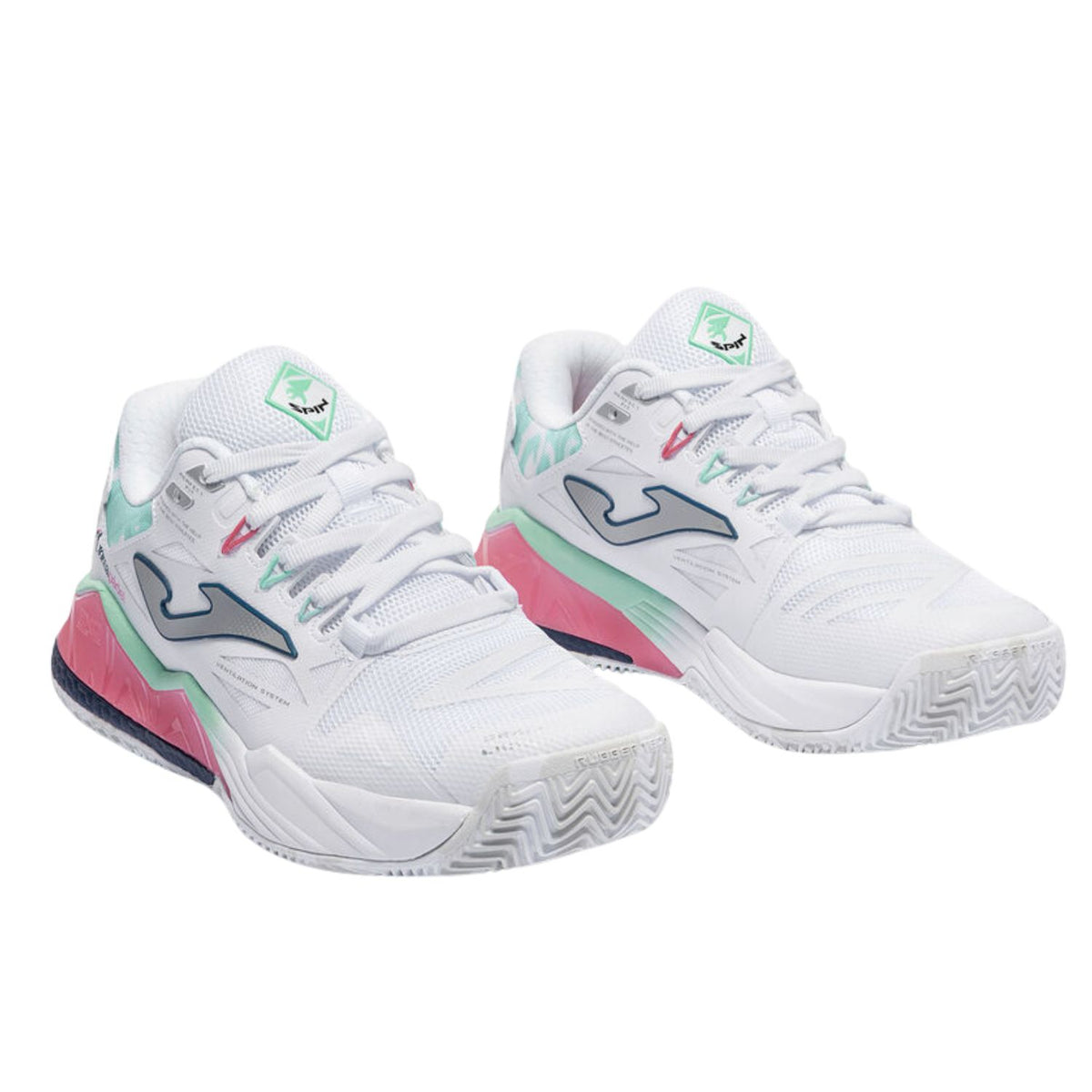 Paar Joma Spin Lady 2026 damespadelschoenen in wit met mintgroene hiel