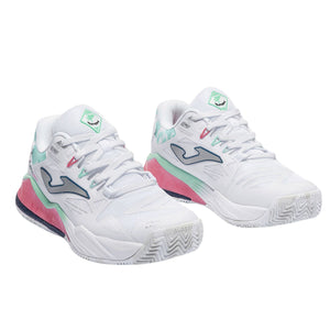 Paar Joma Spin Lady 2026 damespadelschoenen in wit met mintgroene hiel
