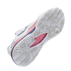 Witte Omni-buitenzool van de Joma Spin Lady 2026 White met koraalroze en mintgroen middenstuk