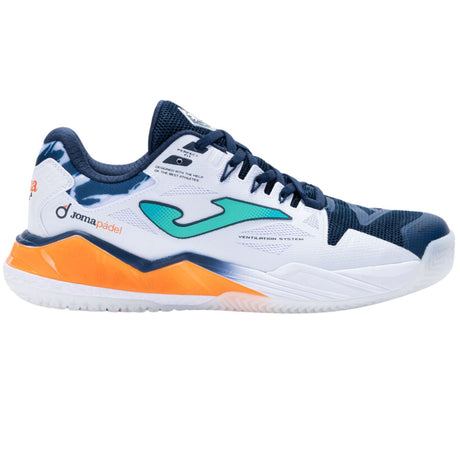 Joma Spin Men 2026 padelschoen in wit met donkerblauw en oranje, zijaanzicht