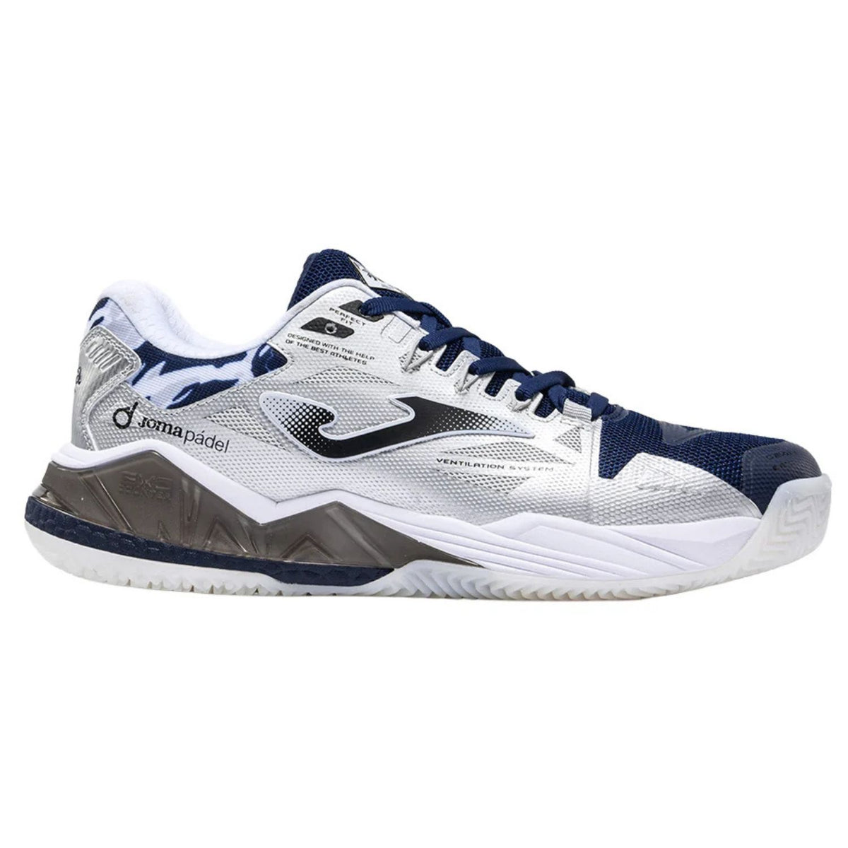 Joma Spin Men 2026 in wit met donkerblauw en grijs, zijaanzicht buitenkant