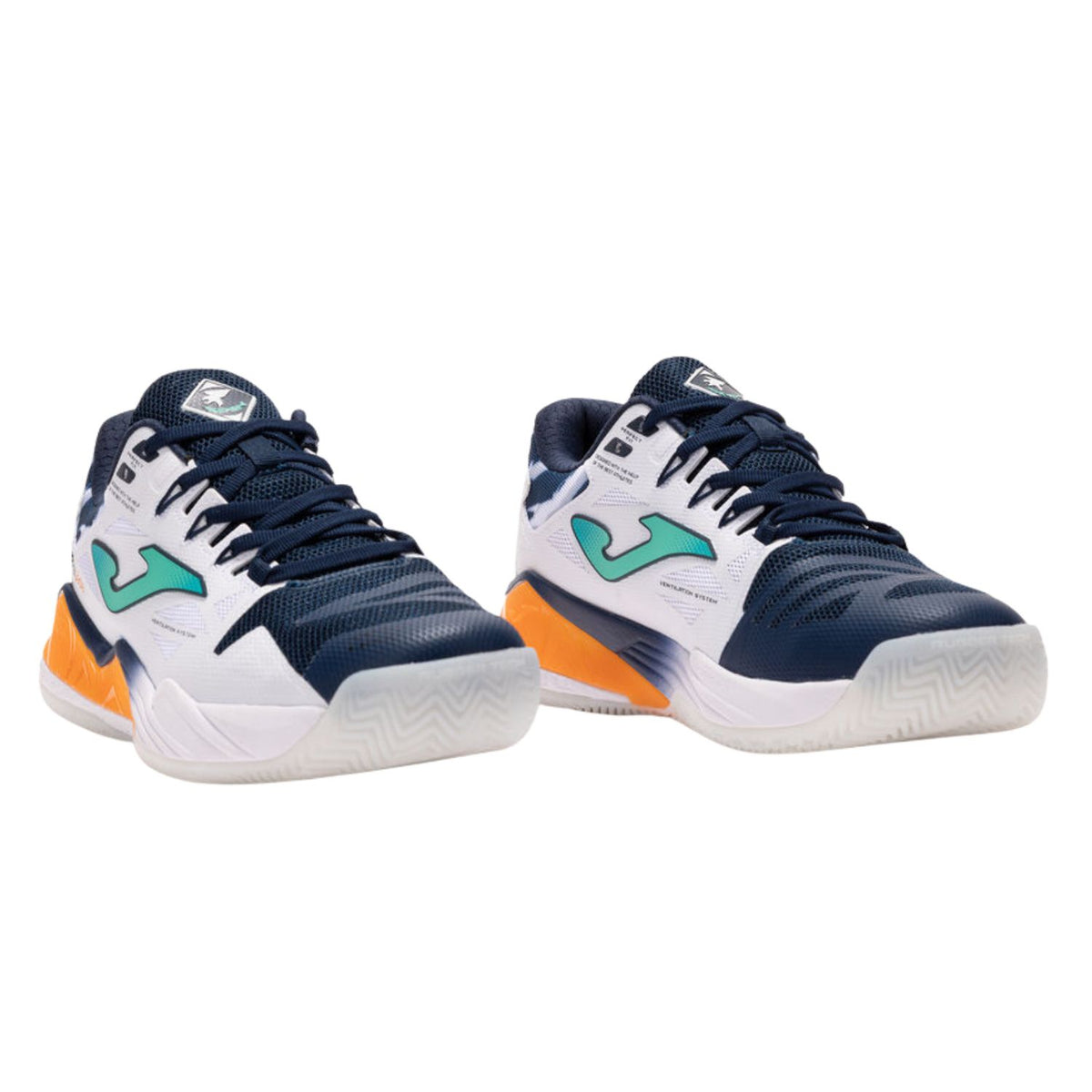 Paar Joma Spin Men 2026 padelschoenen in wit met donkerblauw en oranje