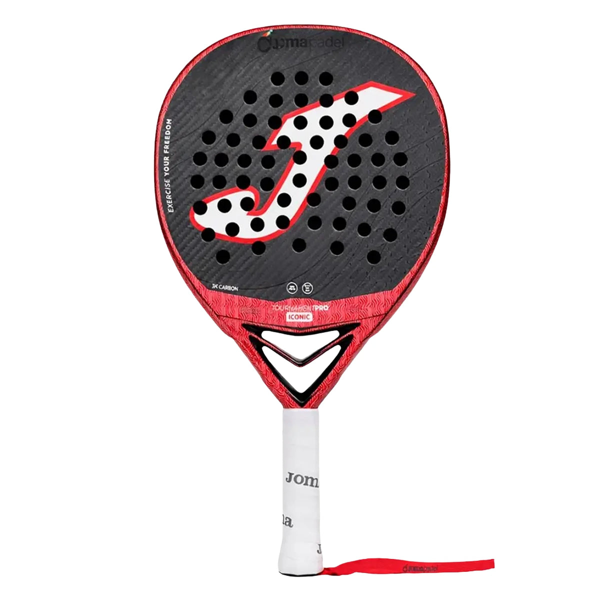 Joma Tournament Pro Iconic 2026 padelracket in zwart en rood, recht vooraanzicht
