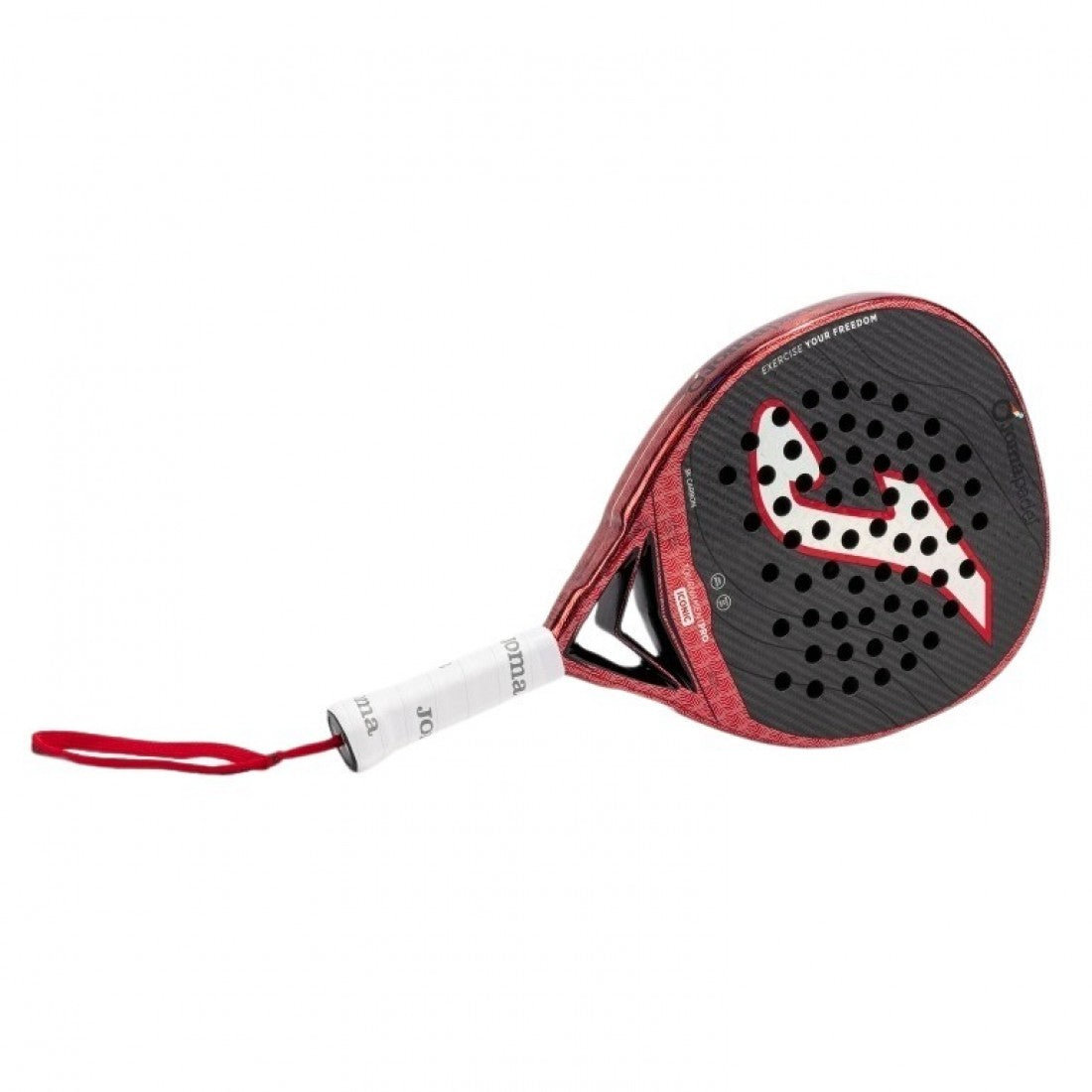Joma Tournament Pro Iconic 2026 padelracket schuin liggend met rode polsband