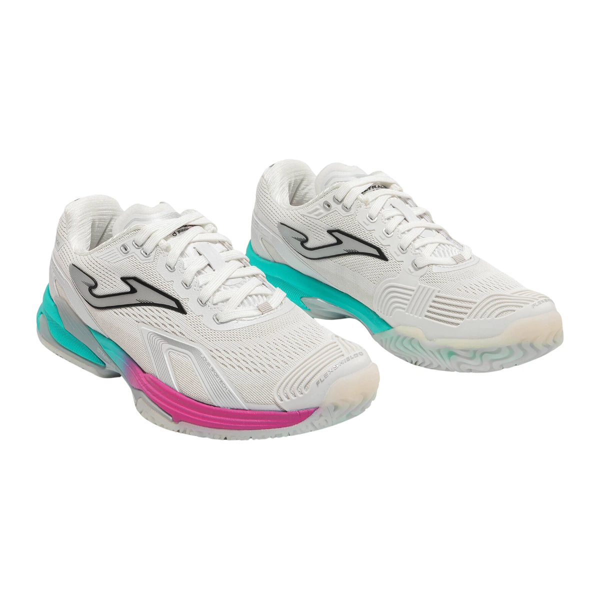 Paar Joma Ultra Light Lady White padelschoenen in wit met turquoise en roze tussenzool