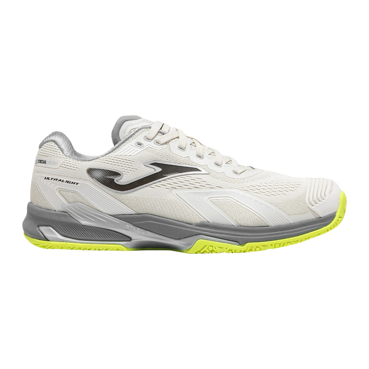 Joma Ultra Light Men Light Gray padelschoen in lichtgrijs met grijze tussenzool en neongele zool, zijaanzicht buitenkant