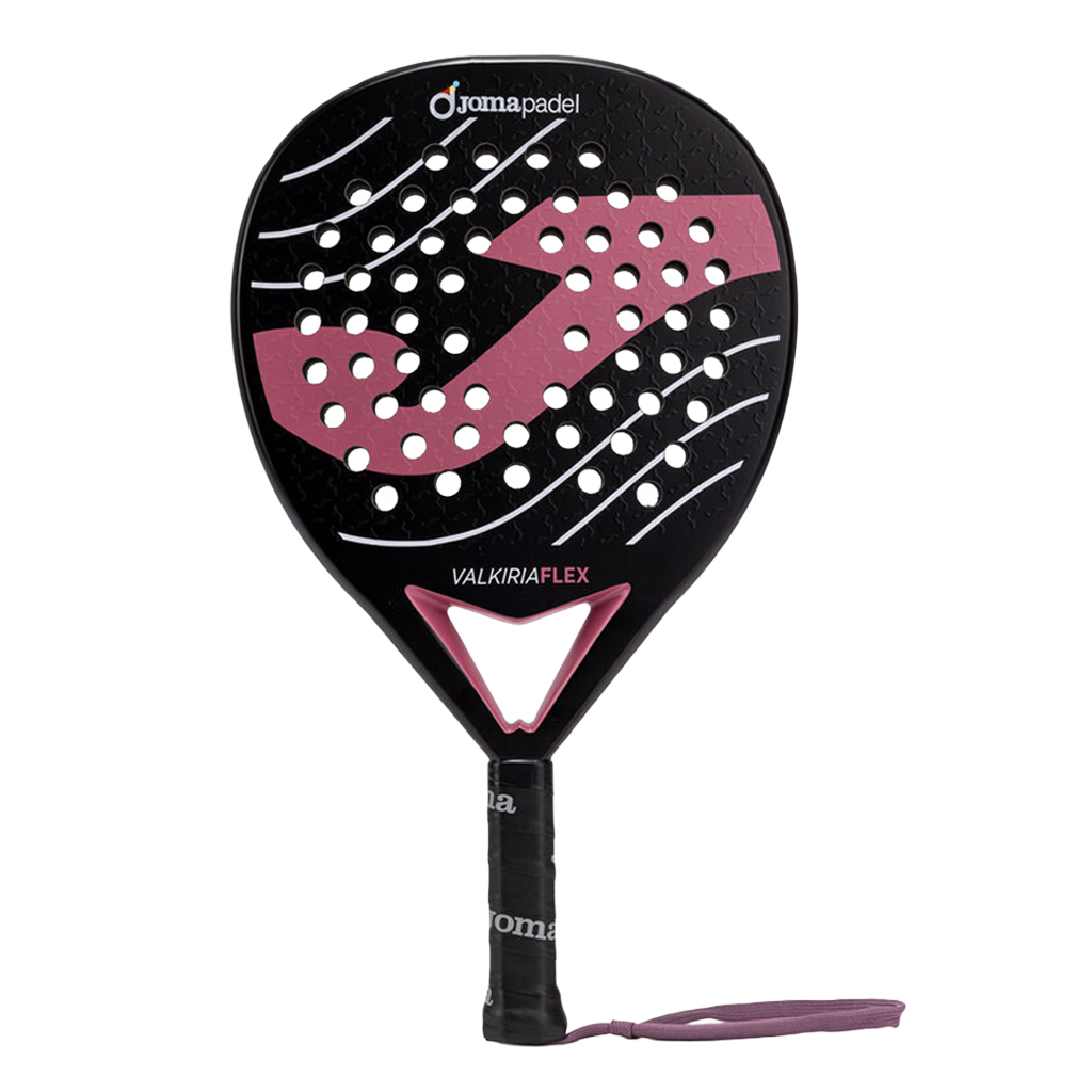 Joma Valkiria Flex 2026 padelracket in zwart met oudroze, vooraanzicht met polsband