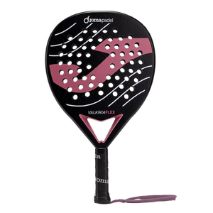 Joma Valkiria Flex 2026 padelracket in zwart met oudroze, vooraanzicht met polsband