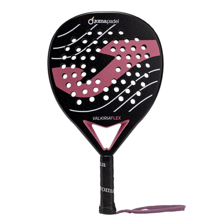 Joma Valkiria Flex 2026 padelracket in zwart met oudroze, vooraanzicht met polsband