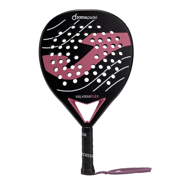 Joma Valkiria Flex 2026 padelracket in zwart met oudroze, vooraanzicht met polsband