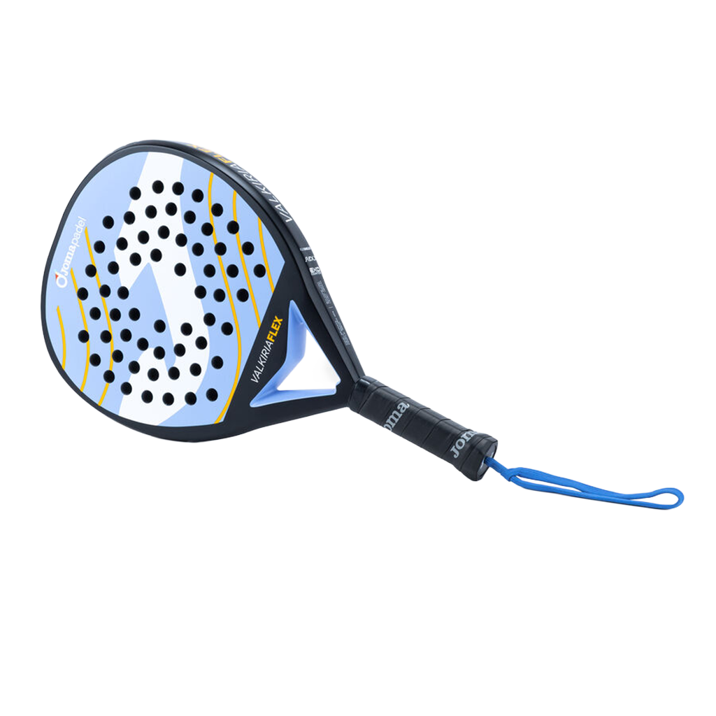 Joma Valkiria Flex 2026 padelracket schuin liggend in lichtblauw met polsband