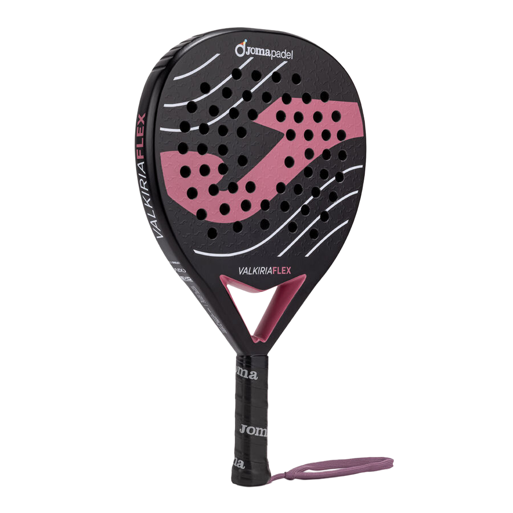 Joma Valkiria Flex 2026 padelracket schuin vooraanzicht, rondvorm in zwart en roze