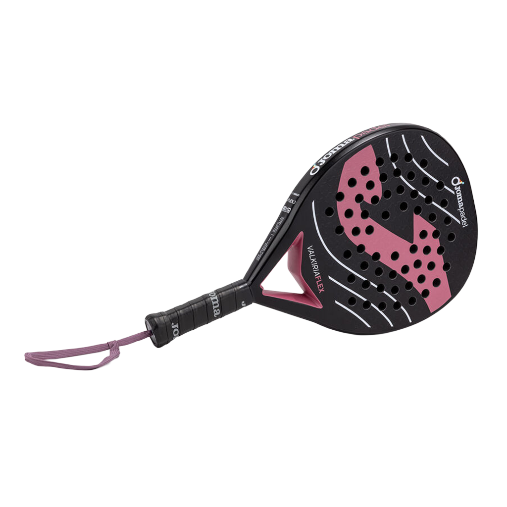 Joma Valkiria Flex 2026 padelracket schuin liggend in zwart met roze logo
