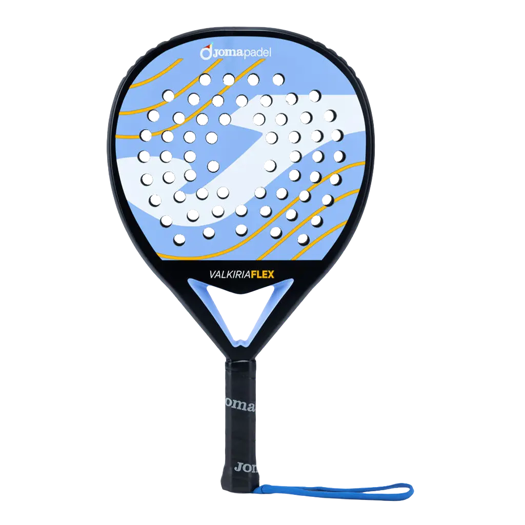 Joma Valkiria Flex 2026 padelracket in lichtblauw met geel, vooraanzicht