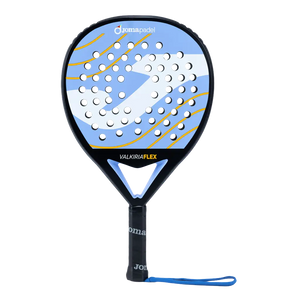 Joma Valkiria Flex 2026 padelracket in lichtblauw met geel, vooraanzicht
