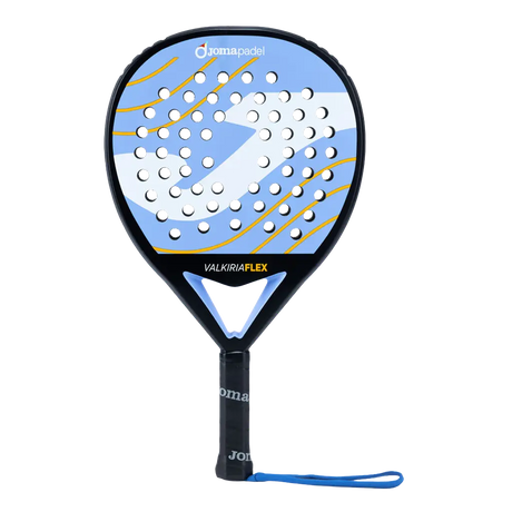 Joma Valkiria Flex 2026 padelracket in lichtblauw met geel, vooraanzicht