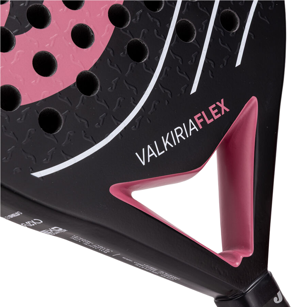 Detail van het roze hart van de Joma Valkiria Flex 2026 met Valkiria Flex-opdruk