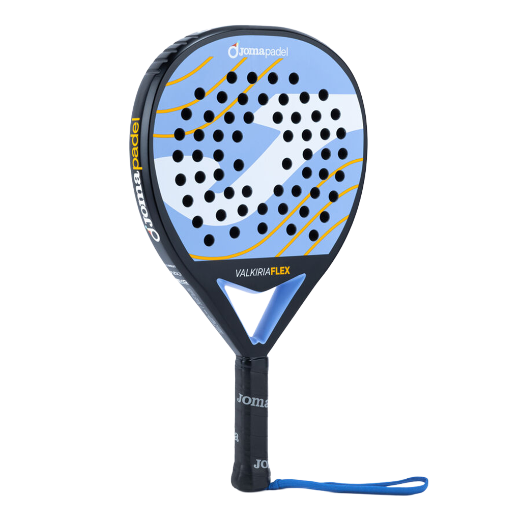 Joma Valkiria Flex 2026 padelracket schuin vooraanzicht in lichtblauw en geel