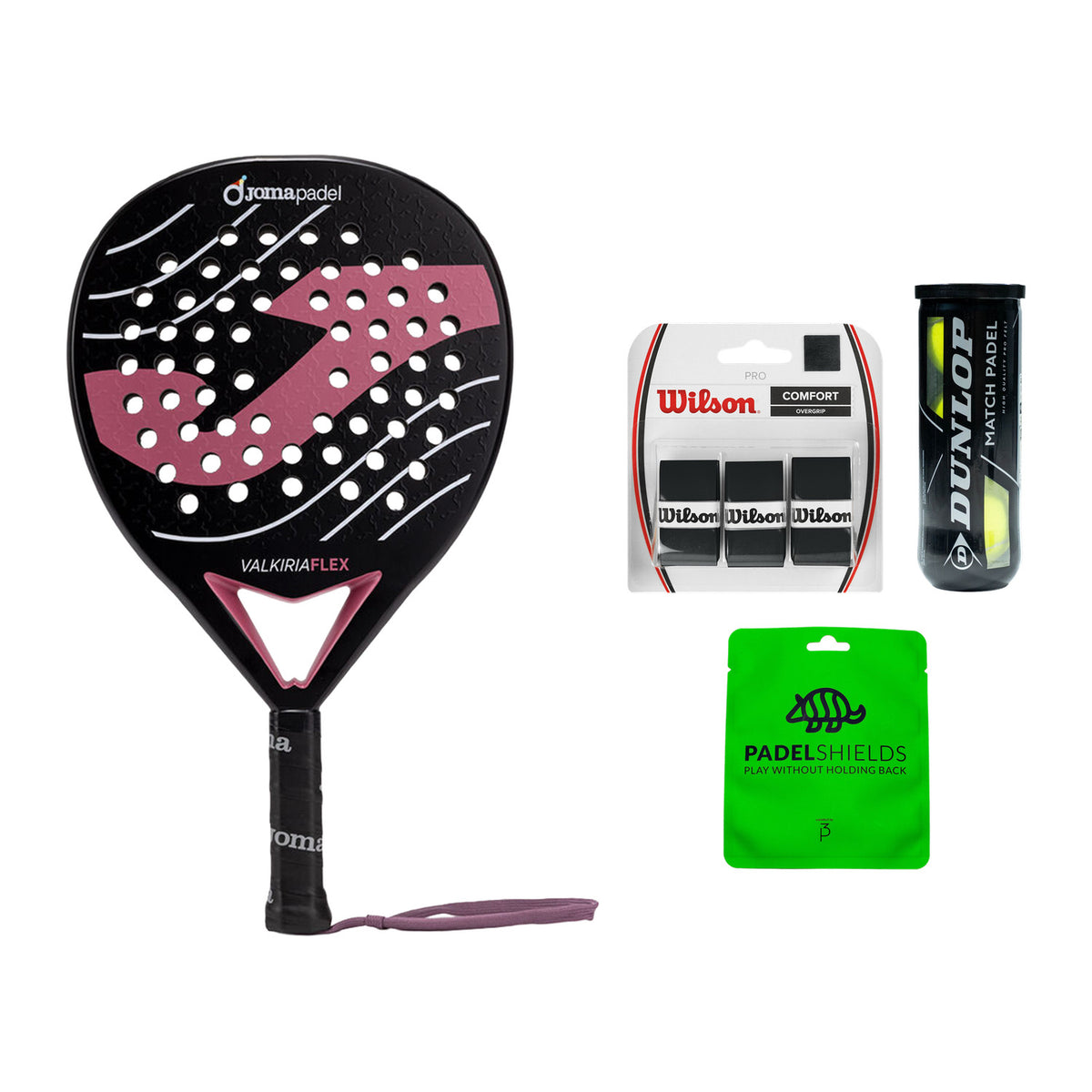 Joma Valkiria Flex Beginner Starter Set: Joma Valkiria Flex 2026 Black padelracket, Dunlop Match padelballen, Wilson Pro Overgrips en Padel Shields