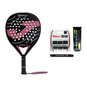 Joma Valkiria Flex Beginner Starter Set: Joma Valkiria Flex 2026 Black padelracket, Dunlop Match padelballen, Wilson Pro Overgrips en Justpadel Protector