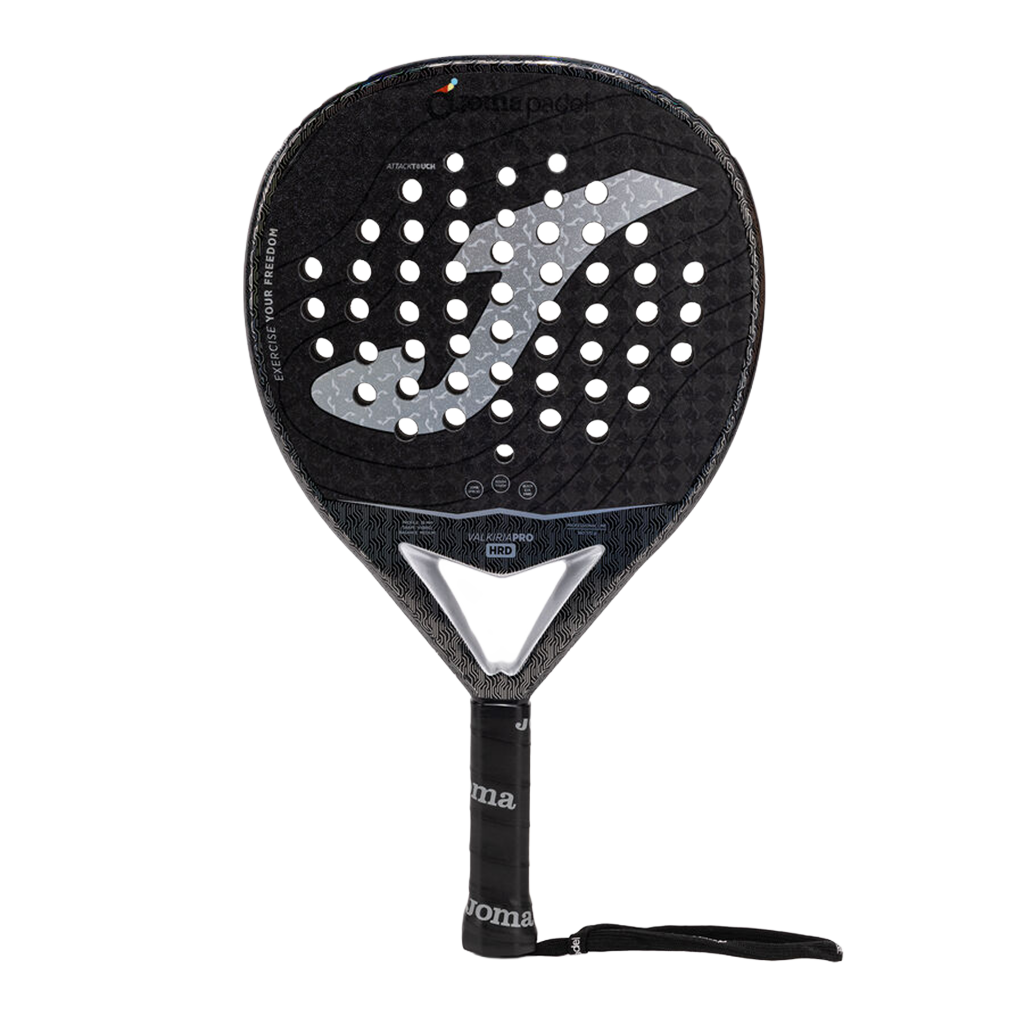 Joma Valkiria Pro Hrd 2026 padelracket in zwart met zilver, vooraanzicht met polsband
