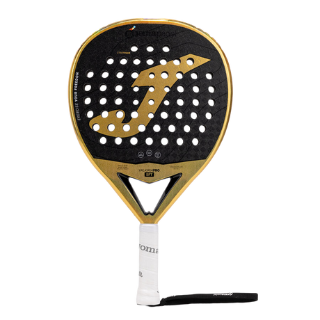 Joma Valkiria Pro Sft 2026 padelracket in goud met zwart, vooraanzicht met witte grip