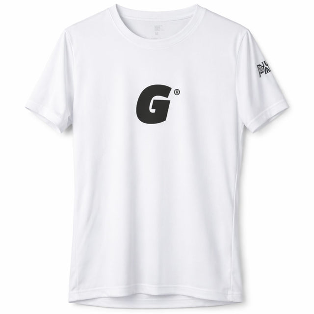Justpadel x Garrincha damesshirt in wit met zwarte G-print, vooraanzicht