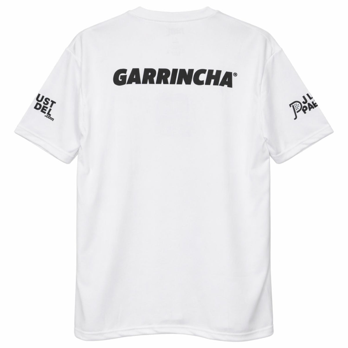 Achterzijde van het witte Justpadel x Garrincha T-shirt met rugopdruk